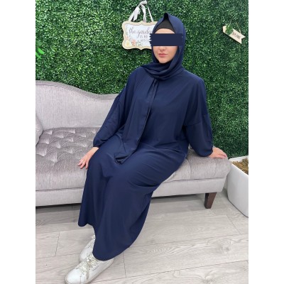 medina silk navy blue prayer dress with integrated hijab 